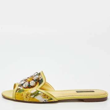 مملوكة مسبقًا Dolce & Gabbana Yellow Floral Fabric and Lizard Embossed Leather Crystal Embellished Sofia Flat Slides Size 39