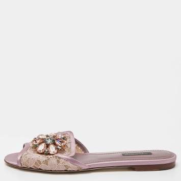 Pre Owned Dolce & Gabbana Pink Satin and Lace Sofia Crystal Embellished Slide Flat Sandals Size 39