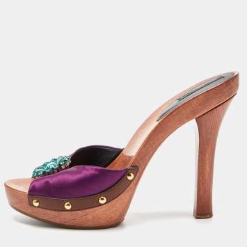 Pre Owned Dolce & Gabbana Purple Satin Crystal Embellished Brooch Wooden Slides Size 39
