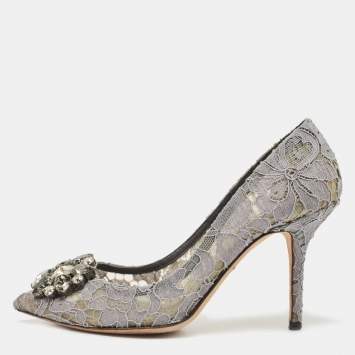 Pre Owned Dolce & Gabbana Grey Lace Bellucci Pumps Size 37