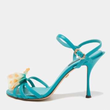 Pre Owned Dolce & Gabbana Blue Leather Bow Ankle Strap Sandals Size 38