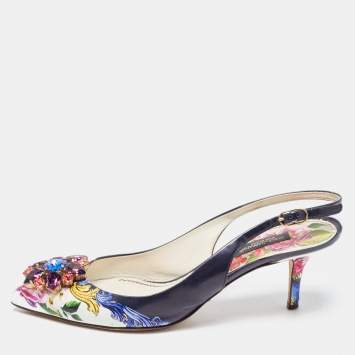 Pre Owned Dolce & Gabbana Multicolor Printed Leather Crystal Embellished Slingback Pumps Size 37 