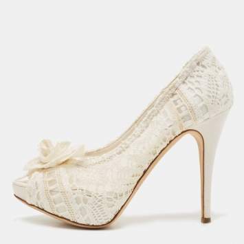 Pre Owned Dolce & Gabbana Off White Lace Rose Detail Peep Toe Pumps Size 39