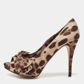 Pre Owned Dolce & Gabbana Brown Animal Print Satin Bow Peep Toe Platform Pumps Size 40