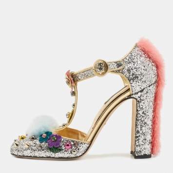 Pre Owned Dolce & Gabbana Silver Glittered and Leather Fluffy Mary Jane Sandals Size 40