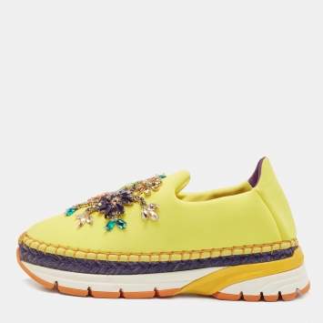 Pre Owned Dolce & Gabbana Yellow Neoprene Barcelona Embellished Slip On Sneakers Size 38