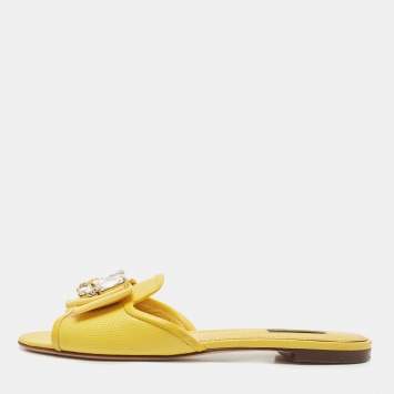 Pre Owned Dolce & Gabbana Yellow Lizard Embossed Leather Crystal Embellished Flat Slides Size 39