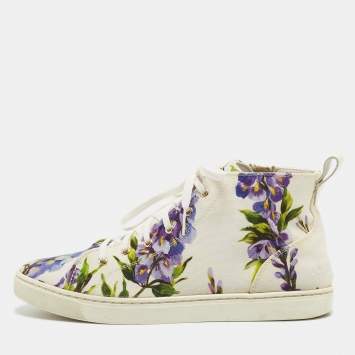 Pre Owned Dolce & Gabbana White Floral Print Canvas High Top Sneakers Size 37.5
