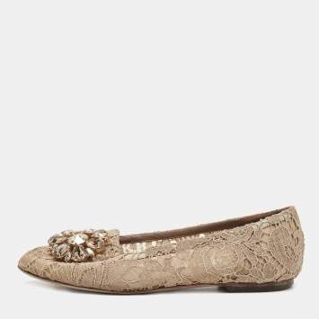Pre Owned Dolce & Gabbana Beige Lace Taormina Crystal Embellished Ballet Flats Size 36