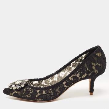 Pre Owned Dolce & Gabbana Black Lace Bellucci Crystal Embellished Pointed Toe Pumps Size 38.5