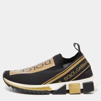 Pre Owned Dolce & Gabbana Black/Gold Knit Fabric Sorrento Slip On Sneakers Size 38
