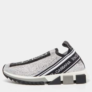 Pre Owned Dolce & Gabbana Silver/Black Fabric Crystal Embellished Sorrento Sneakers Size 38.5
