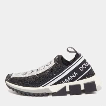 Pre Owned Dolce & Gabbana Black/Silver Crystal Embellished Knit Fabric Sorrento Sneakers Size 39