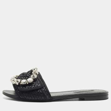 Pre Owned Dolce & Gabbana Black Raffia Crystal Embellished Flat Slides Size 36.5