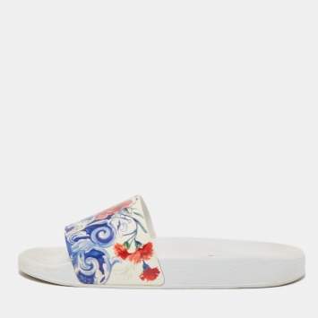 Pre Owned Dolce & Gabbana Multicolor Majolica Print Leather Slides Size 40