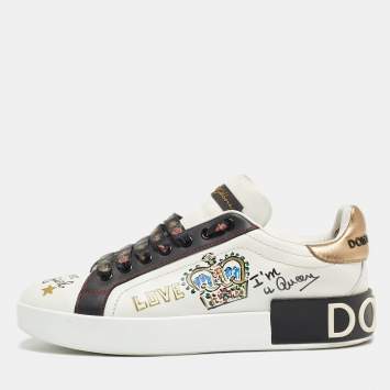 Pre Owned Dolce & Gabbana White Leather Embellished Crown Portofino Sneakers Size 37