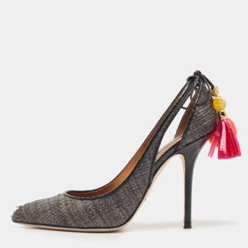 Pre Owned Dolce & Gabbana Black Raffia Pom Pom Detail Tie Up Pumps Size 37