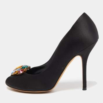Pre Owned Dolce & Gabbana Black Satin Crytal Embellished Open Toe Pumps Size 37.5