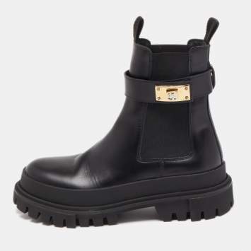 Pre Owned Dolce & Gabbana Black Leather Logo Twist Buckle Combat Boots Size 41