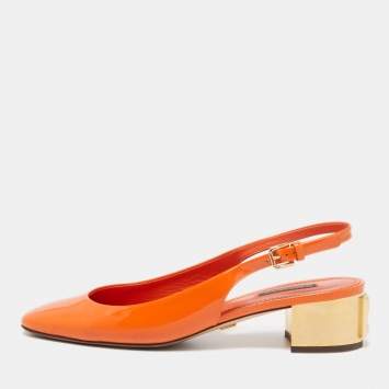 Pre Owned Dolce & Gabbana Orange Patent Leather DG Block Heel Slingback Pumps Size 39