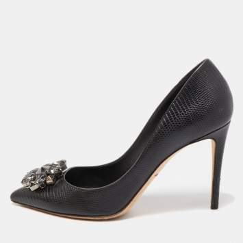 Pre Owned Dolce & Gabbana Black Lizard Embossed Leather Embellished Pumps Size 39