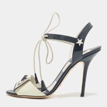 Pre Owned Dolce & Gabbana Navy Blue/Off White Patent Leather Ankle Tie Sandals Size 38