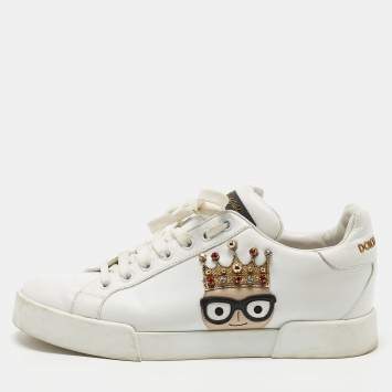 Pre Owned Dolce & Gabbana White Leather Studded Crown Portofino Sneakers Size 38