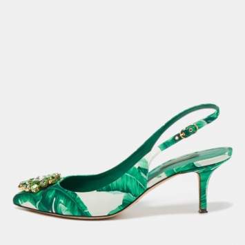 Pre Owned Dolce & Gabbana Green/White Leaf Print Satin Bellucci Slingback Pumps Size 39.5