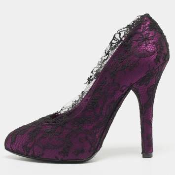 Pre Owned Dolce & Gabbana Black/Purple Floral Lace And Satin Platform Pumps Size 38
