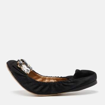 Pre Owned Dolce & Gabbana Black Suede Crystal Embellished Bow Scrunch Ballet Flats Size 36