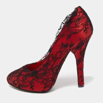 Pre Owned Dolce & Gabbana Red/Black Satin and Lace Pumps Size 38