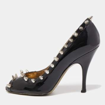 Pre Owned Dolce & Gabbana Black Patent Studded Peep Toe Pumps Size 38