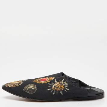 Pre Owned Dolce & Gabbana Black Printed Fabric Slide Mules Size 38.5