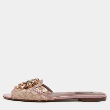 Pre Owned Dolce & Gabbana Purple Lace and Satin Bianca Crystal Embellished Flat Slides Size 39