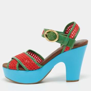 Pre Owned Dolce & Gabbana Green/Red Patent Leather Cross Strap Platform Ankle Strap Sandals Size 38