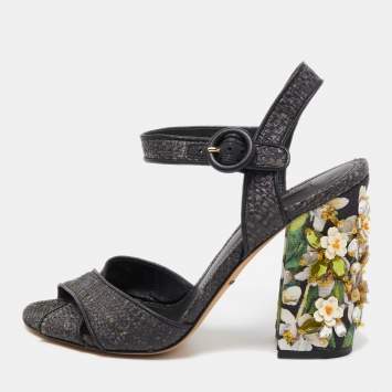 Pre Owned Dolce & Gabbana Black Raffia Crystal Embellished Block Heel Sandals Size 38.5