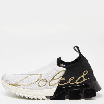 Pre Owned Dolce & Gabbana White/Black Knit Fabric Sorrento Slip-On Sneakers Size 36