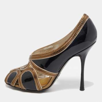 Pre Owned Dolce & Gabbana Black/Metallic Patent and Leather Cut Out Peep Toe Pumps Size 36.5