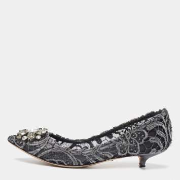 Pre Owned Dolce & Gabbana Silver/Black Lace Bellucci Crystal Embellished Kitten Heel Pumps Size 37