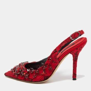 Pre Owned Dolce & Gabbana Red Lace and Mesh Crystal Embellished Slingback Pumps Size 37