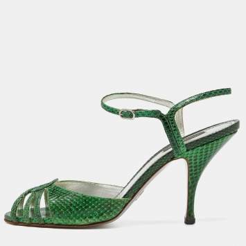 Pre Owned Dolce & Gabbana Green Embossed Python Ankle Strap Sandals Size 39.5