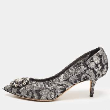 Pre Owned Dolce & Gabbana Silver/Black Mesh and Lace Bellucci Pumps Size 39
