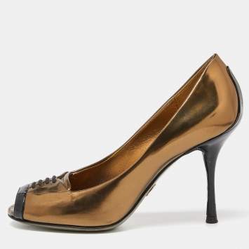 Pre Owned Dolce & Gabbana Metallic//Black Leather and Patent Peep Toe Pumps Size 36