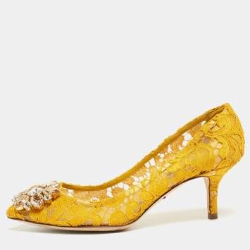 Pre Owned Dolce & Gabbana Yellow Lace Bellucci Pumps Size 36