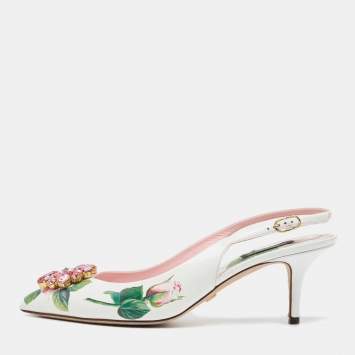 Pre Owned Dolce & Gabbana White Leather Jeweled Floral Print Pointed Toe Pumps Size 39