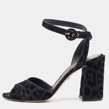 Pre Owned Dolce & Gabbana Black Leopard Print Glitter Fabric Ankle Strap Sandals Size 39.5