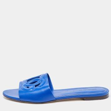 Pre Owned Dolce & Gabbana Blue Leather Flat Slides Size 38