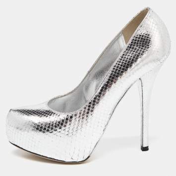 Pre Owned Dolce & Gabbana Silver Python Platform Pumps Size 38
