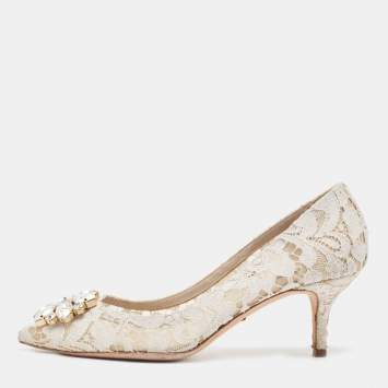 Pre Owned Dolce & Gabbana White Mesh and Lace Bellucci Pumps Size 37