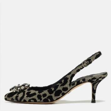 Pre Owned Dolce & Gabbana Black Velvet and Glitter Fabric Crystal Embellished Slingback Pointed Toe Pumps Size 37